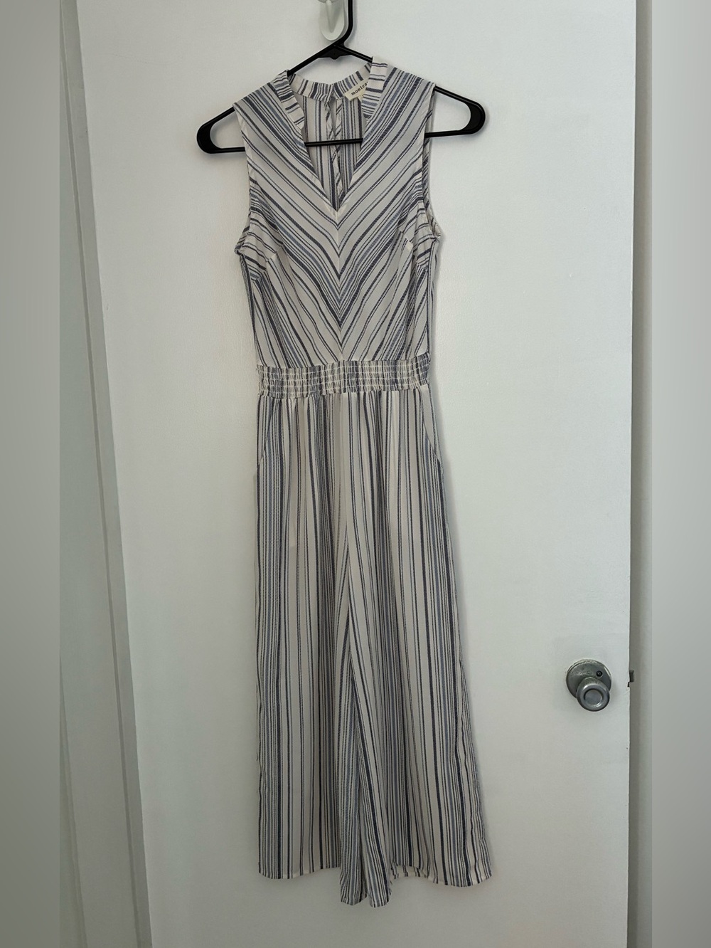 Monteau XS Womens Blue White Striped Jumpsuit V-Neck Sleeveless Wide Leg Romper